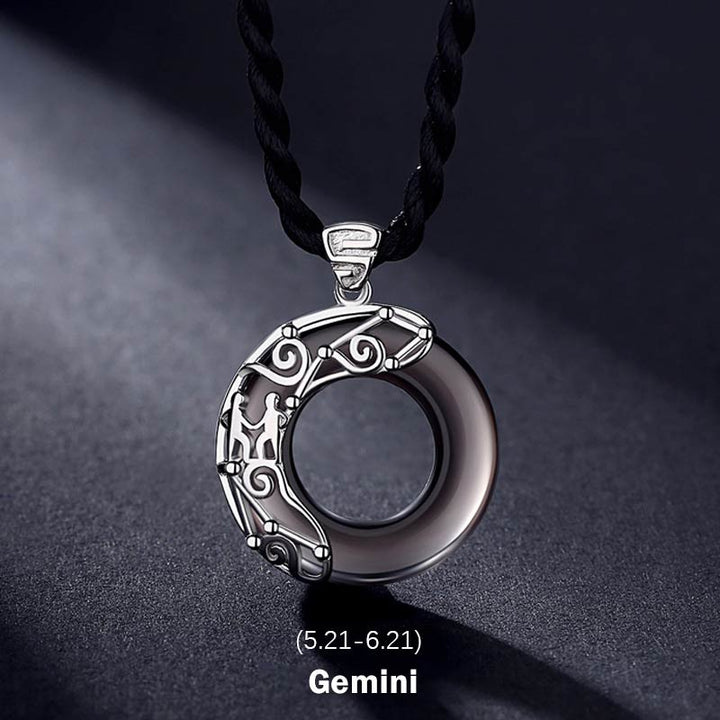 Collier pendentif rond en obsidienne glacée avec 12 constellations du zodiaque de Buddha Stones - Gémeaux - image 2