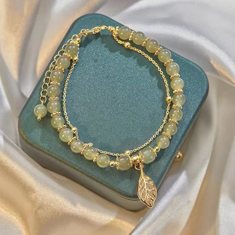 Bracelet de perles porte-bonheur en Buddha Stones, feuille de jade, ginkgo, tulipe, arachide, personnage Fu