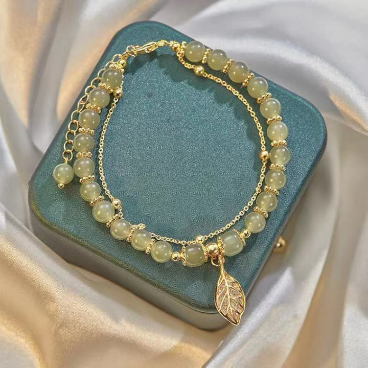 Bracelet de perles porte-bonheur en Buddha Stones, feuille de jade, ginkgo, tulipe, arachide, personnage Fu