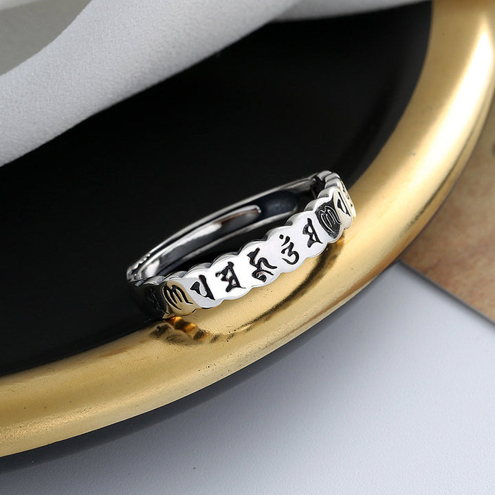 Bague de sagesse calme en argent sterling 925 avec six mots vrais de Buddha Stones