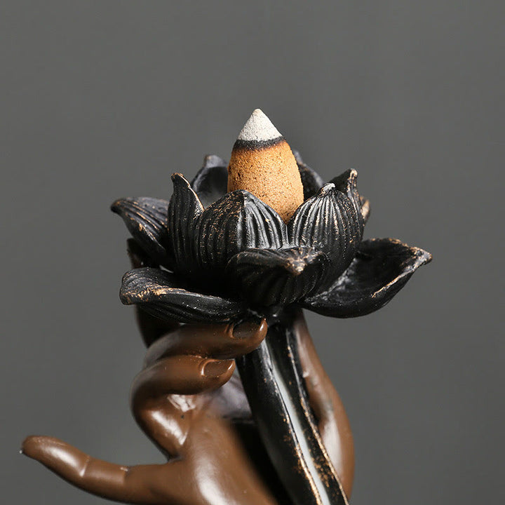 Brûleur d'encens à reflux en résine avec Buddha Stones et main de Bouddha, motif de nuages propices, méditation