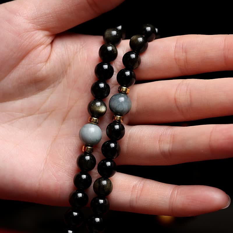 Bracelet de richesse en pierre d'oeil de tigre et d'aigle avec 108 Buddha Stones de Mala en obsidienne dorée brillante