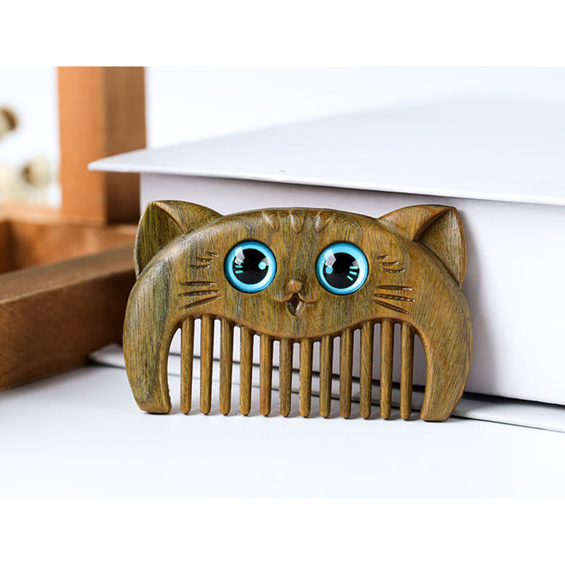 Peigne portable à motif de chat simple en bois de santal vert - image 7