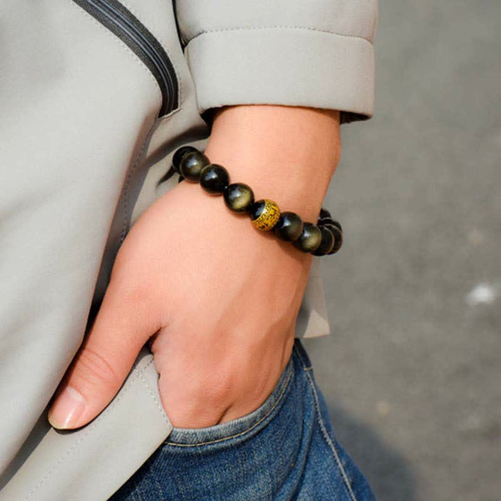 Bracelet de protection de richesse en obsidienne dorée avec Bouddha du zodiaque chinois