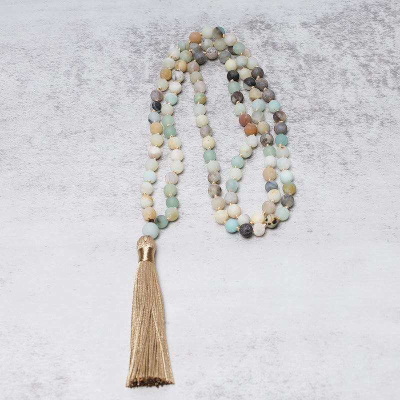 Bracelet Mala à pampilles en 108 perles d'amazonite de Buddha Stones