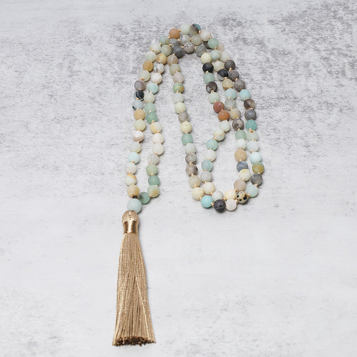Bracelet Mala à pampilles en 108 perles d'amazonite de Buddha Stones