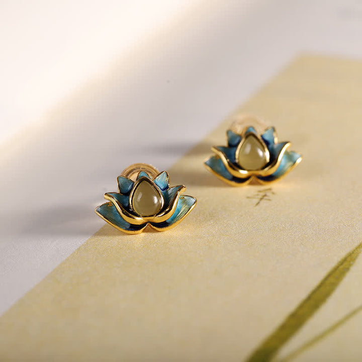 Boucles d'oreilles en argent sterling 925 avec fleur de lotus en jade cyan Hetian