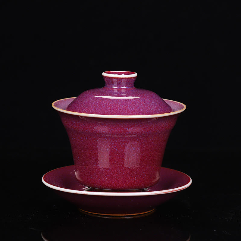 Buddha Stones Rétro Glaçure Changement De Four En Céramique Gaiwan Sancai Tasse À Thé Kung Fu Tasse À Thé Et Soucoupe Avec Couvercle - STYLE ROUGE (LA COULEUR ET L'ÉMAIL PEUVENT VARIER) - 9,8 cm × 9 cm × 150 ml - image 7