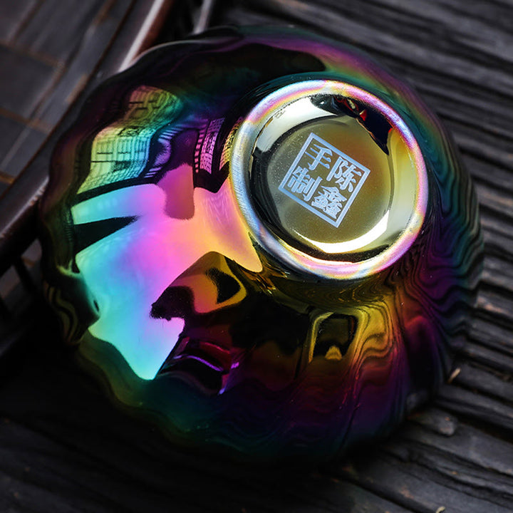 Tasse à thé en céramique chinoise Jianzhan colorée avec motif incrusté de lotus et de paon vif, style Buddha Stones