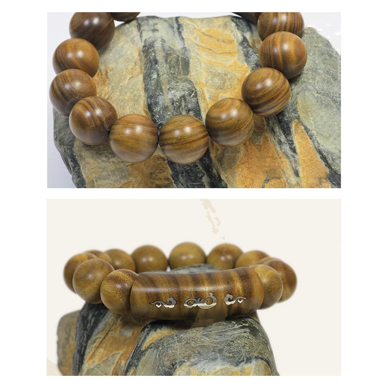 Bracelet de paix incrusté de Buddha Stones en argent sterling 999 et bois de santal vert Om Mani Padme Hum Dragon Phoenix Dharmachakra