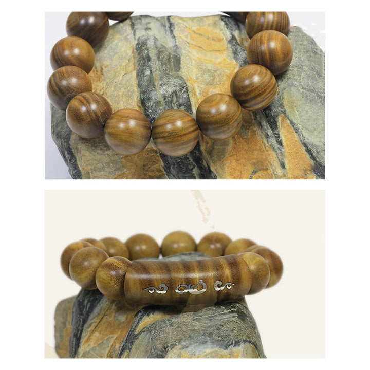 Bracelet de paix incrusté de Buddha Stones en argent sterling 999 et bois de santal vert Om Mani Padme Hum Dragon Phoenix Dharmachakra
