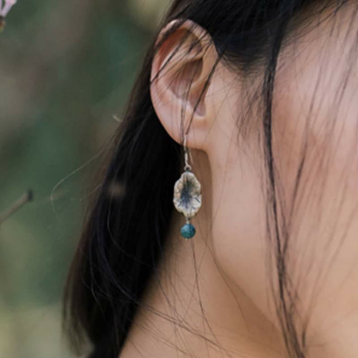 Buddha Stones Boucles d'oreilles pendantes en argent Sterling 925 Turquoise Feuille de Lotus Protection