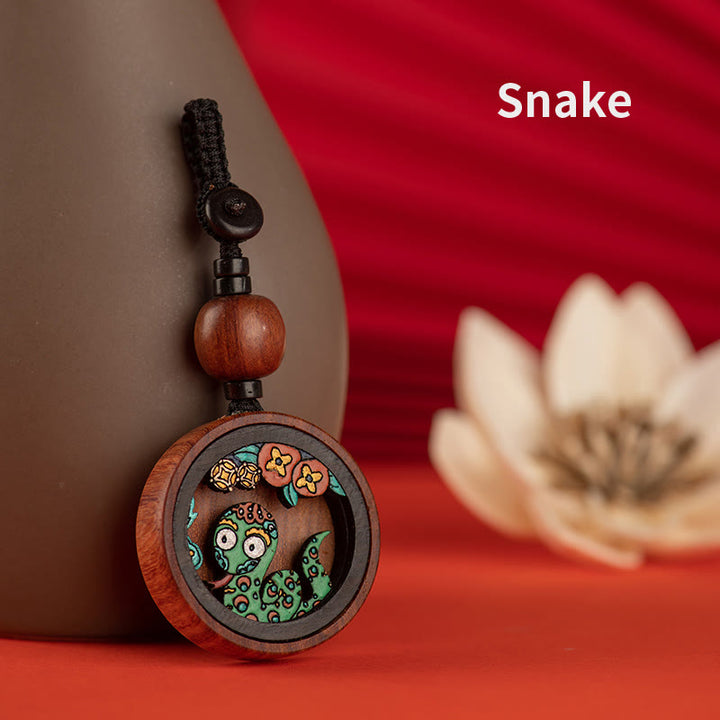 Porte-clés sculpté à la main en bois de rose avec Buddha Stones Année du Dragon Zodiaque chinois peint à la main