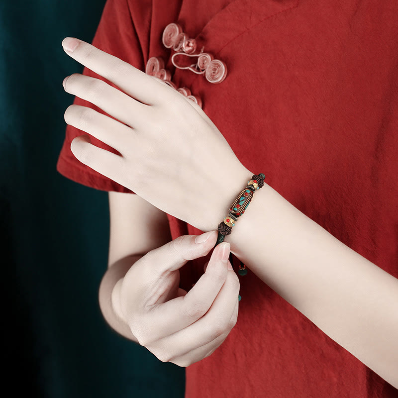 Bracelet tressé en turquoise tibétain fait main avec Buddha Stones Om Mani Padme Hum