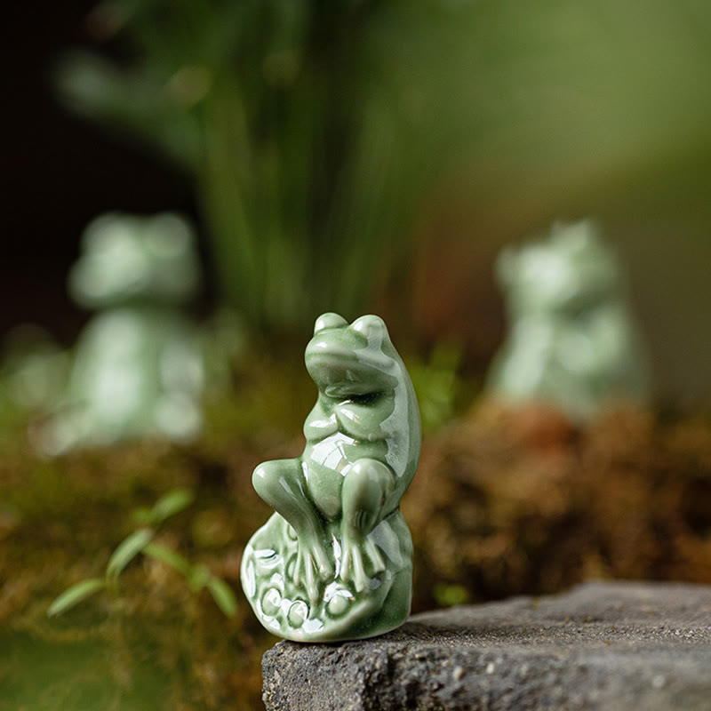 Buddha Stones Mini Petite Méditation Lotus Repos Grenouille Céramique Richesse Chance Maison Thé Animal Figurine Décoration
