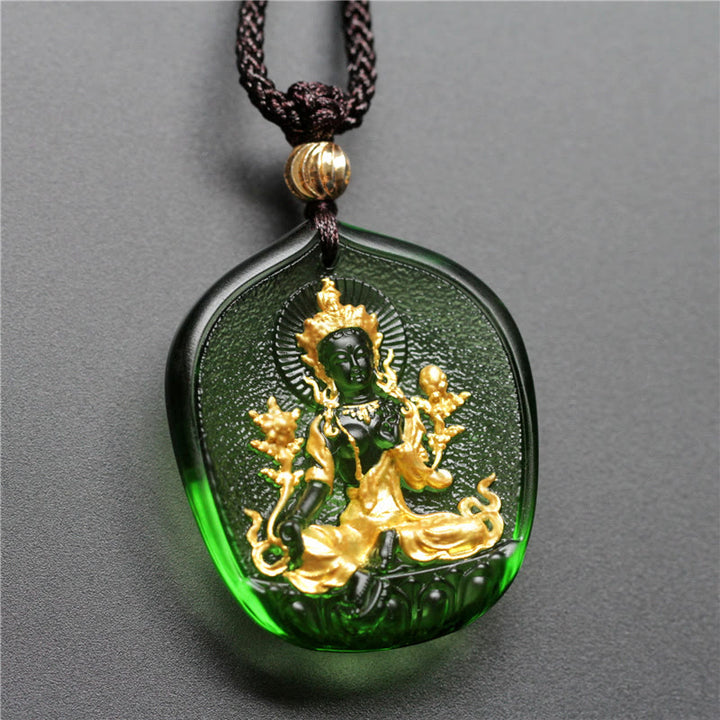 Collier avec pendentif en cristal Liuli plaqué or et Buddha Stones de Bouddha tibétain vert Tara