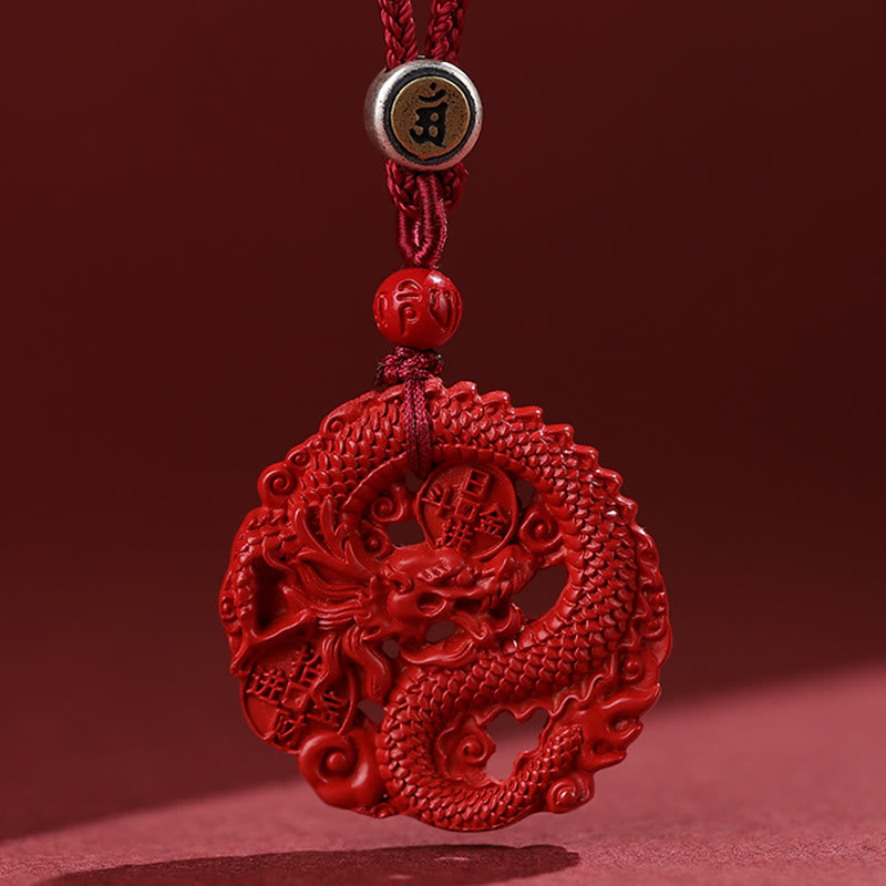 Collier pendentif porte-bonheur en argent sterling 925 avec pièce de cuivre cinabre naturel de l'année du dragon Buddha Stones