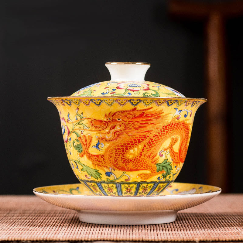 Tasse à thé en céramique Gaiwan Sancai avec motif de fleurs et de dragons Buddha Stones Kung Fu et soucoupe avec couvercle