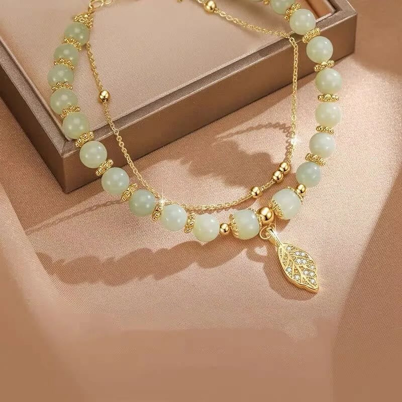 Bracelet de perles porte-bonheur en Buddha Stones, feuille de jade, ginkgo, tulipe, arachide, personnage Fu