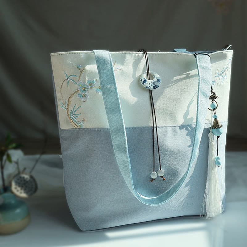 Sac à bandoulière en toile brodée de bambou avec fleur de poire, prunier, fleur de pêcher, grande capacité, sac fourre-tout - Prunier bleu et blanc bambou - image 5