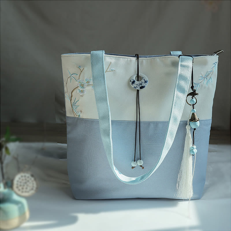 Sac à bandoulière en toile brodée de bambou avec fleur de poire, prunier, fleur de pêcher, grande capacité, sac fourre-tout