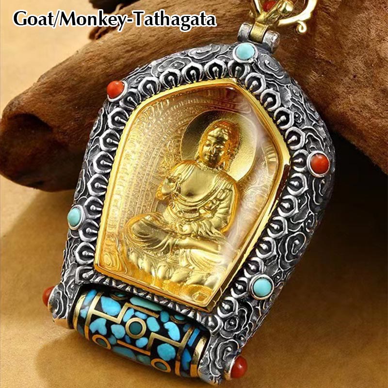 Collier avec pendentif en perles Dzi rotatives du zodiaque chinois tibétain Thangka Bouddha de la prospérité