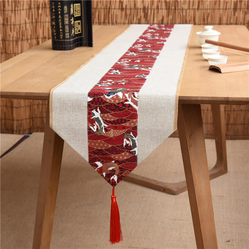 Chemin de table en coton et lin avec pompons, Buddha Stones, style chinois classique, lotus, poisson koï, fleur, grue, calligraphie, illumination