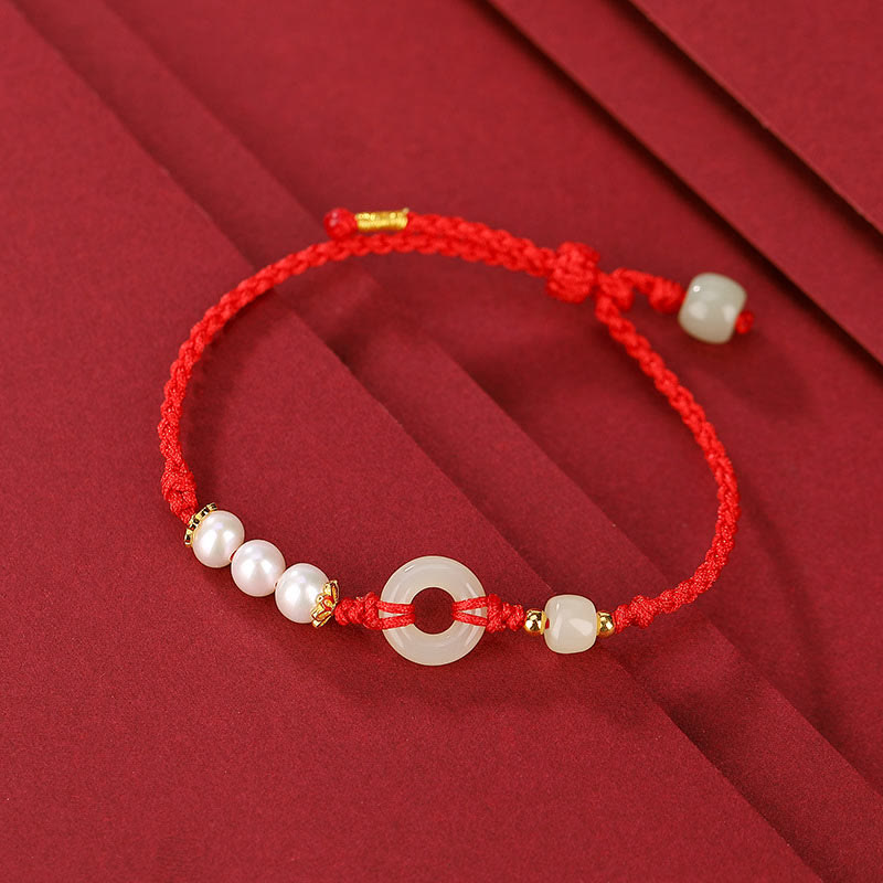Bracelet porte-bonheur en perles de jade Hetian plaqué or en argent sterling 925 Buddha Stones - Cordon rouge (tour de poignet 14-16 cm) - image 1