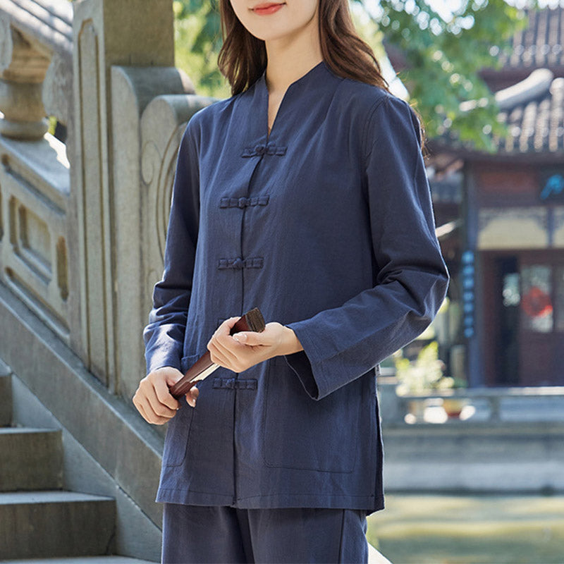 Buddha Stones Spirituelle Zen Pratique Yoga Méditation Prière Uniforme Coton Lin Vêtements Ensemble Femme - Bleu marine - US18，UK/AU22，EU50 (6XL) - image 5