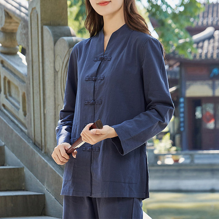 Buddha Stones Spirituelle Zen Pratique Yoga Méditation Prière Uniforme Coton Lin Vêtements Ensemble Femme - Bleu marine - US18，UK/AU22，EU50 (6XL) - image 7