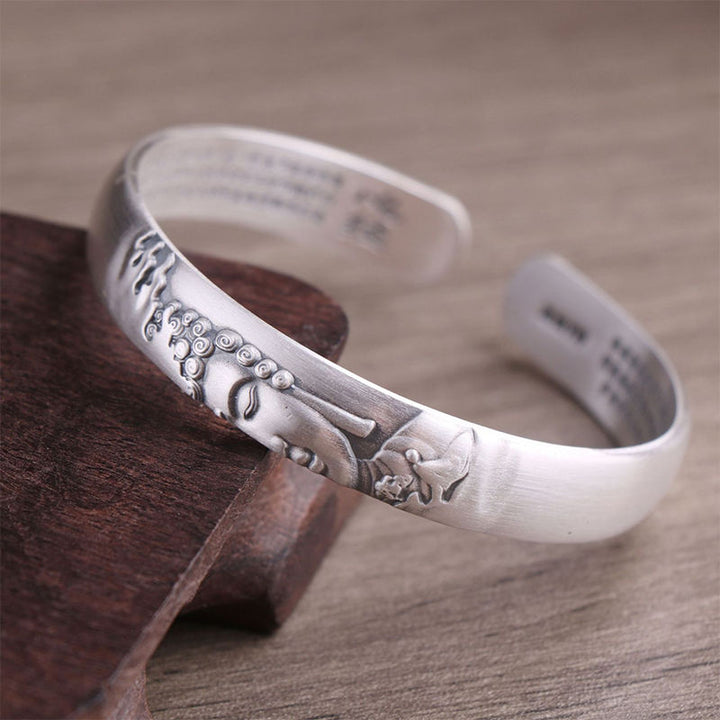 Bracelet Buddha Stones en argent sterling 999 avec tête de Bouddha et cœur Sutra de la sérénité