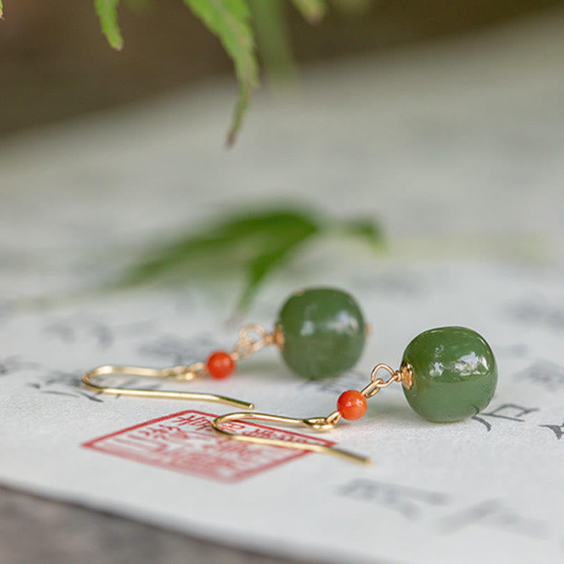Boucles d'oreilles pendantes porte-bonheur en jade rouge Hetian plaqué or 14 carats et argent sterling 925 avec Buddha Stones - image 15