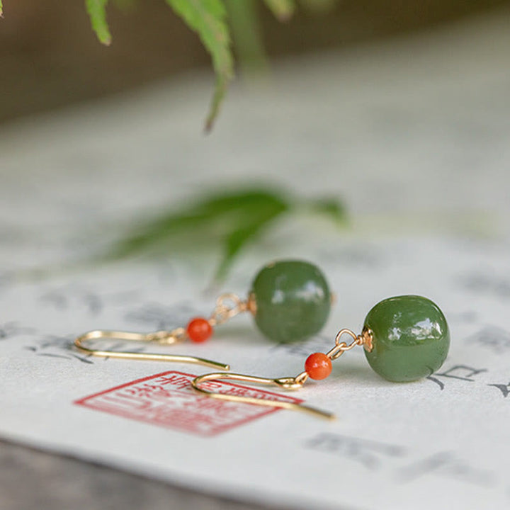 Boucles d'oreilles pendantes porte-bonheur en jade rouge Hetian plaqué or 14 carats et argent sterling 925 avec Buddha Stones - image 15