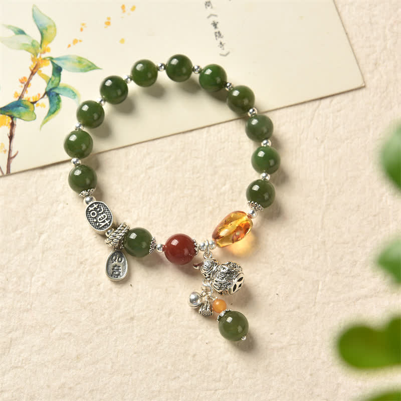 Bracelet de réussite en argent sterling 925 Buddha Stones et jade cyan Hetian