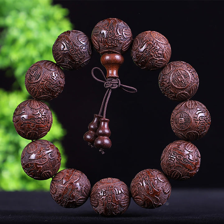 Bracelet de chaleur sculpté PiXiu en bois de rose, ébène, pièce de cuivre et Buddha Stones, signe du zodiaque chinois