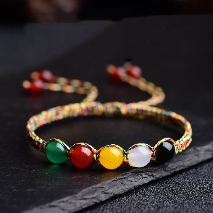 Bracelet en fil d'agate colorée, métal, bois, eau, feu, terre, cinq éléments