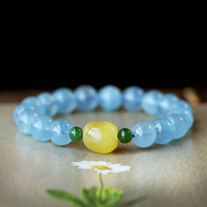 Bracelet de guérison et de sérénité en perles d'ambre et d'aigue-marine naturelles