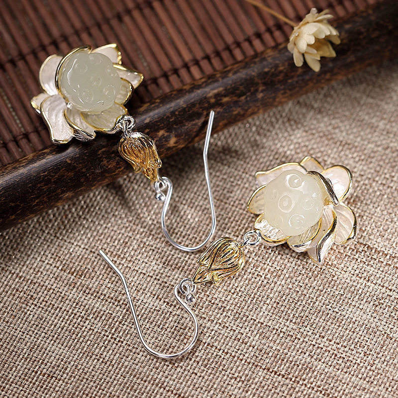 Boucles d'oreilles pendantes en jade blanc et Buddha Stones