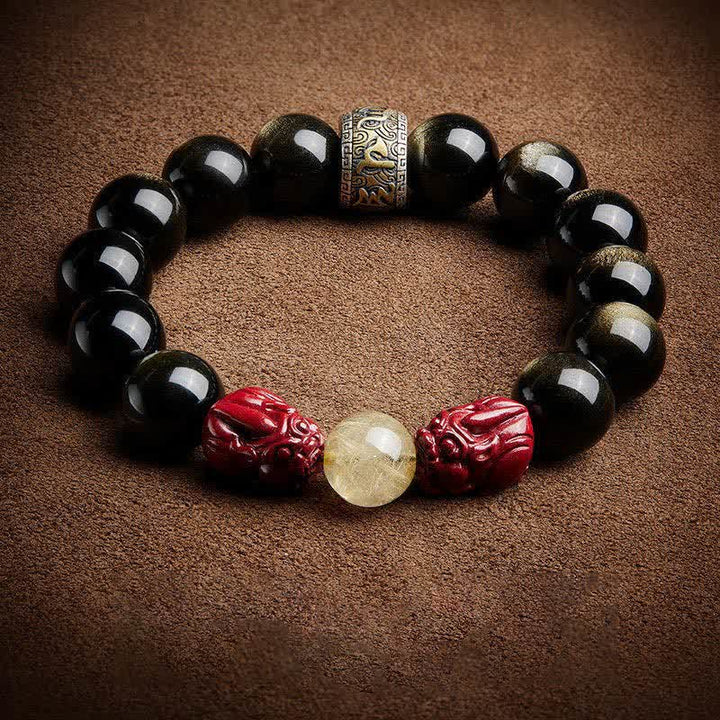 Bracelet de protection en Buddha Stones dorée et brillante PiXiu Cinabre Om Mani Padme Hum