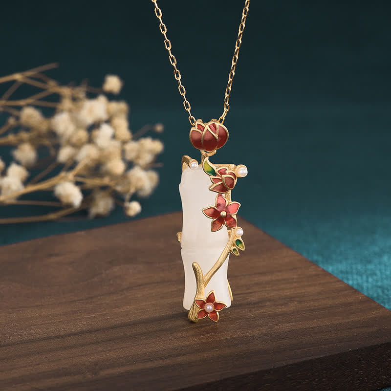 Collier pendentif en jade blanc et bambou avec Buddha Stones et fleurs de lotus pour la protection de la chance - image 1