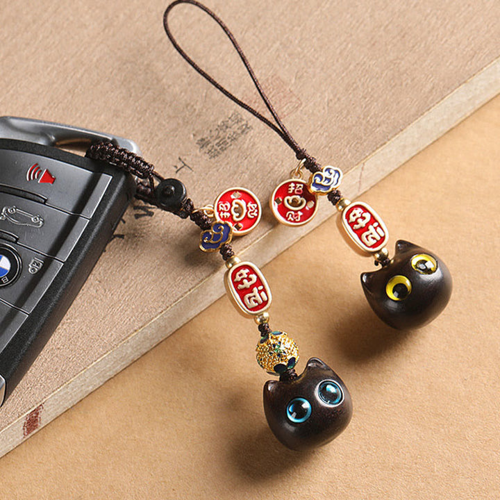 Porte-clés en bois d'ébène avec Buddha Stones, chat porte-bonheur, nuage de bon augure, paix, décoration à suspendre pour téléphone - image 3