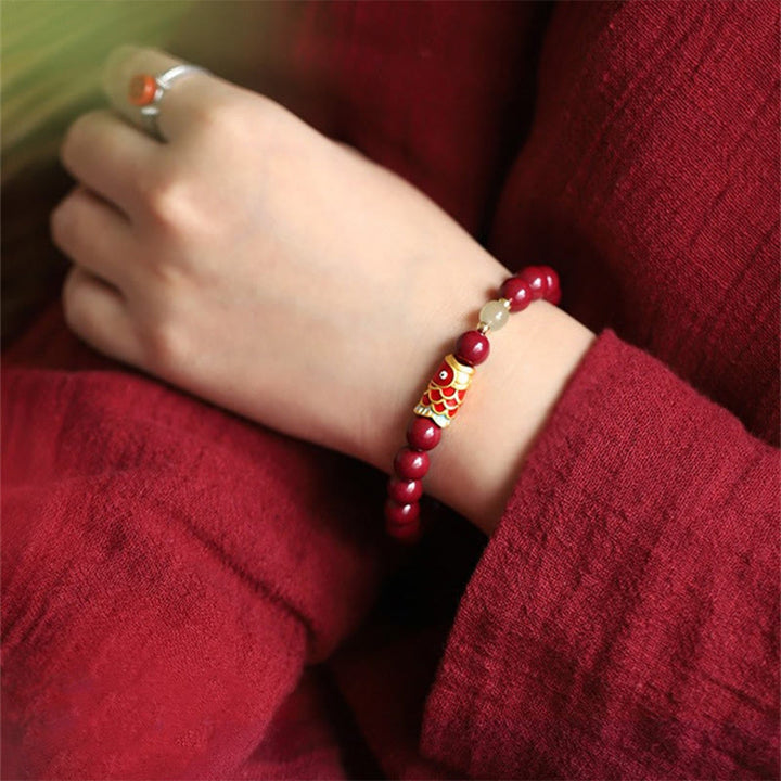 Bracelet de bénédiction en perles de jade Hetian en cinabre naturel avec Buddha Stones porte-bonheur Koi