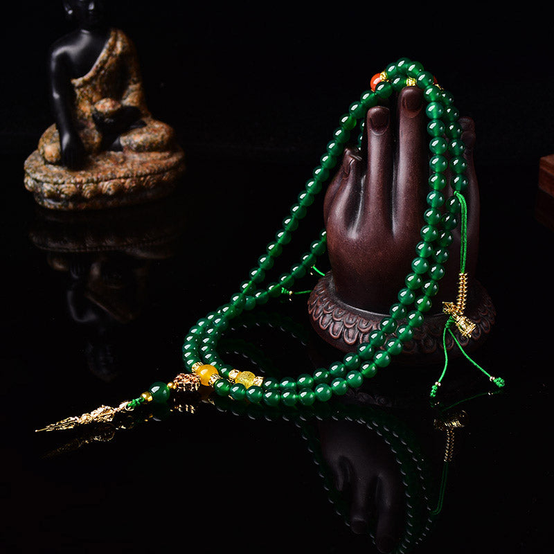 Bracelet Mala de réussite en agate verte naturelle avec 108 perles de Buddha Stones