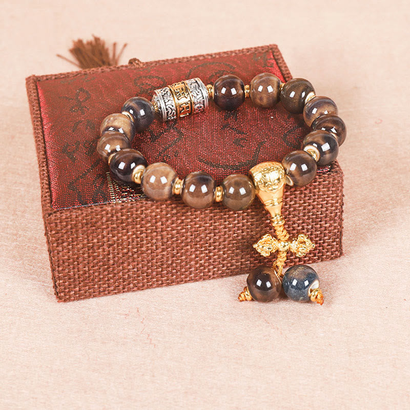 Bracelet de sagesse en perles de verre gravées Buddha Stones et roue de prières tibétaines Om Mani Padme Hum Dorje Vajra