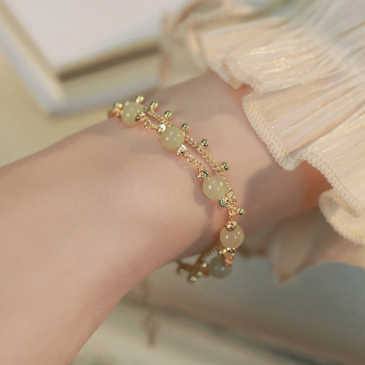 Bracelet de prospérité porte-bonheur en perles de jade Hetian plaqué or 14 carats à 2 couches