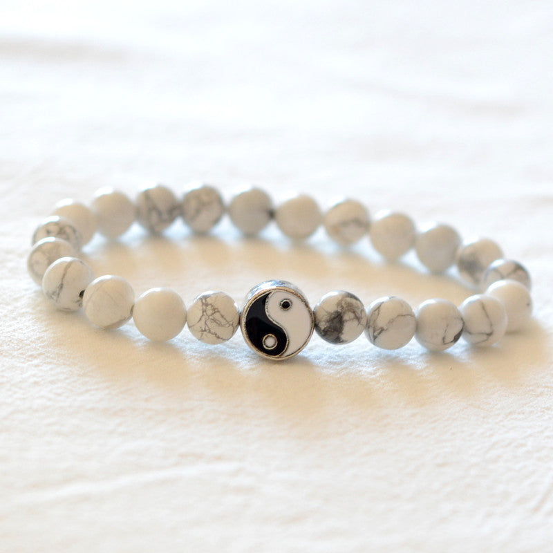 Bracelet de richesse Yin Yang en perles de pierre givrée turquoise blanche naturelle de 3 pièces Buddha Stones