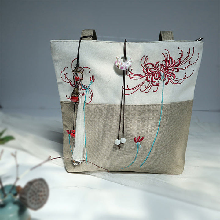 Sac à bandoulière en toile brodée de bambou avec fleur de poire, prunier, fleur de pêcher, grande capacité, sac fourre-tout