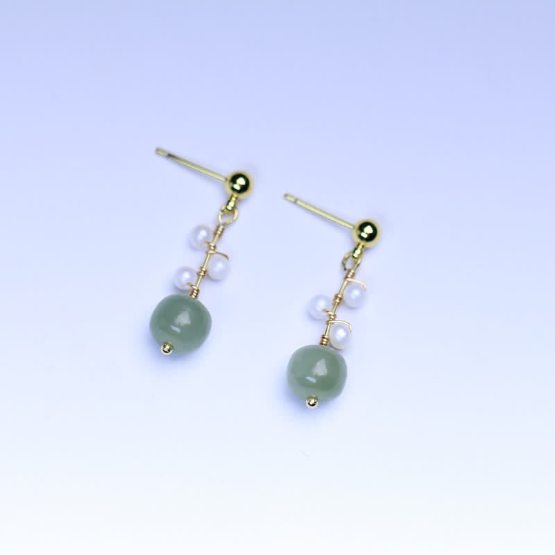 Boucles d'oreilles pendantes en plaqué or 14 carats avec motif de fleur de jade Hetian