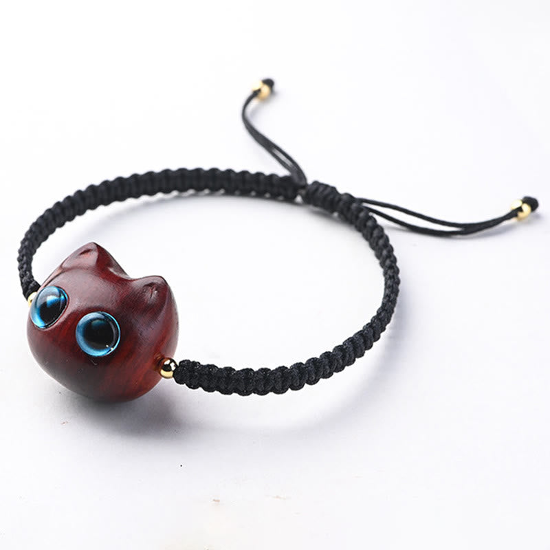 Bracelet tressé en bois de santal rouge et ébène avec petites feuilles et Buddha Stones, tête de chat mignonne, protection calme - image 5