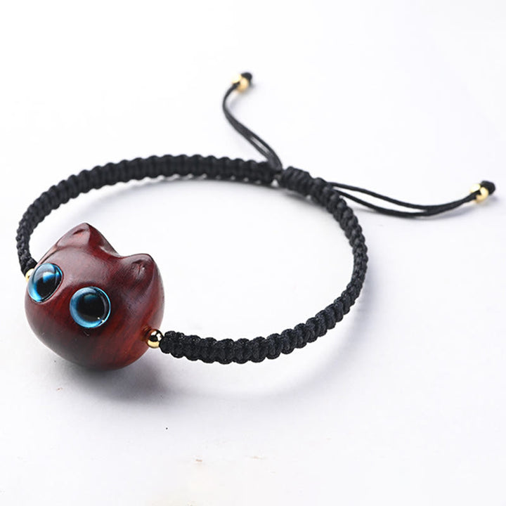 Bracelet tressé en bois de santal rouge et ébène avec petites feuilles et Buddha Stones, tête de chat mignonne, protection calme - image 5